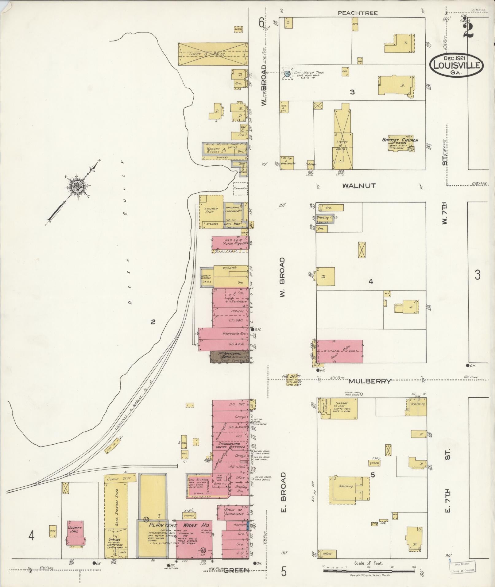 Sanborn Fire Insurance Map from Louisville, Jefferson County, Georgia (1921), Sheet #0002 - Historic Sanborn Fire Insurance Map Print, vintage old map wall art, antique decor, genealogy gift, Georgia Georgia map