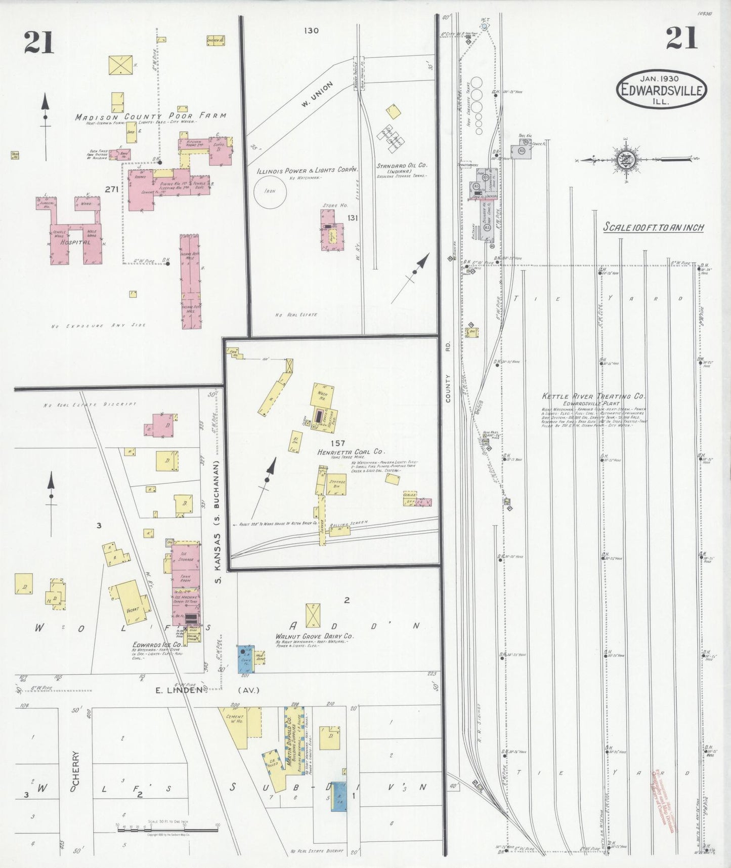 Sanborn Fire Insurance Map from Edwardsville, Madison County, Illinois (1930), Sheet #0021 - Historic Sanborn Fire Insurance Map Print, vintage old map wall art, antique decor, genealogy gift, Illinois Illinois map