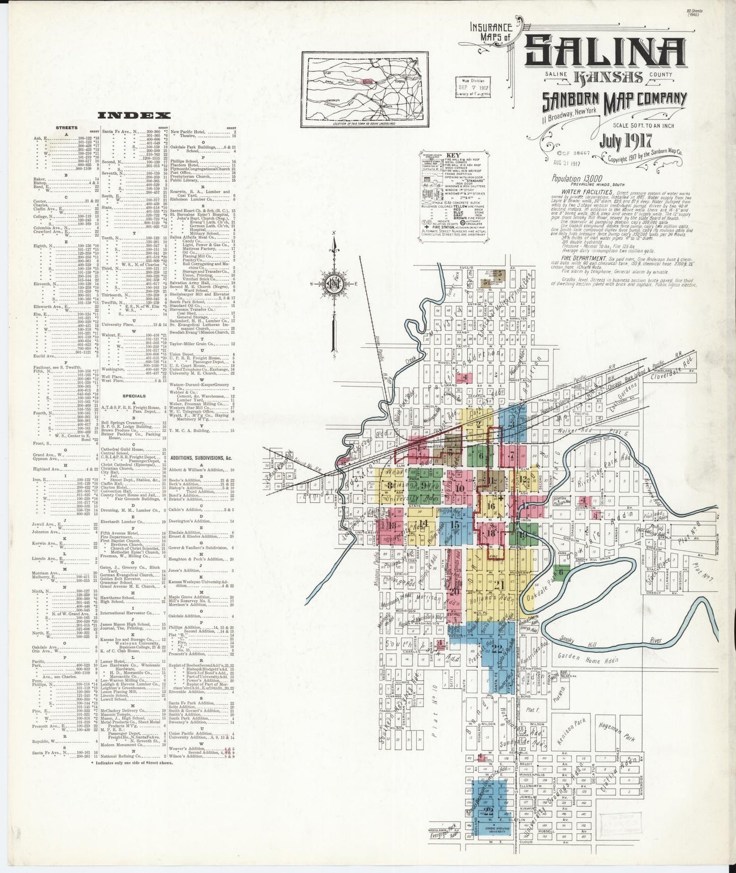 Sanborn Fire Insurance Map from Salina, Saline County, Kansas (1917), Sheet #0001 - Historic Sanborn Fire Insurance Map Print, vintage old map wall art, antique decor, genealogy gift, Kansas Kansas map