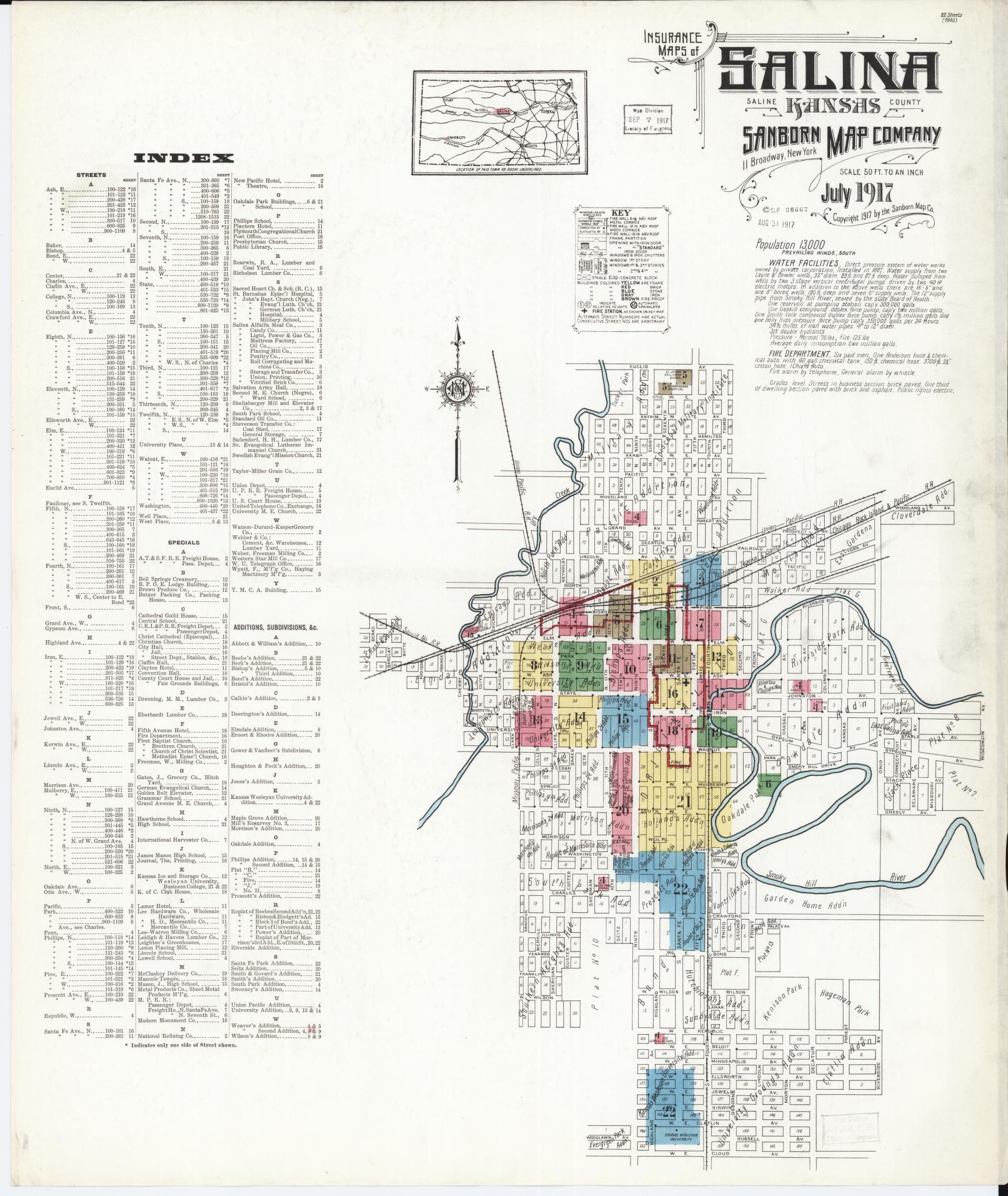 Sanborn Fire Insurance Map from Salina, Saline County, Kansas (1917), Sheet #0001 - Historic Sanborn Fire Insurance Map Print, vintage old map wall art, antique decor, genealogy gift, Kansas Kansas map