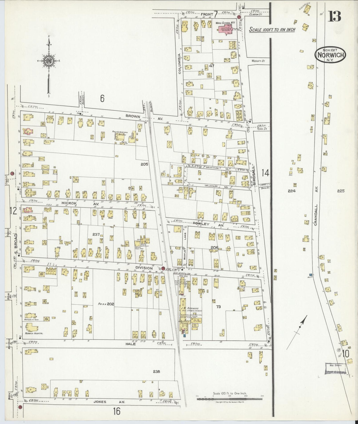 Sanborn Fire Insurance Map from Norwich, Chenango County, New York (1917), Sheet #0013 - Historic Sanborn Fire Insurance Map Print, vintage old map wall art, antique decor, genealogy gift, New York New York map