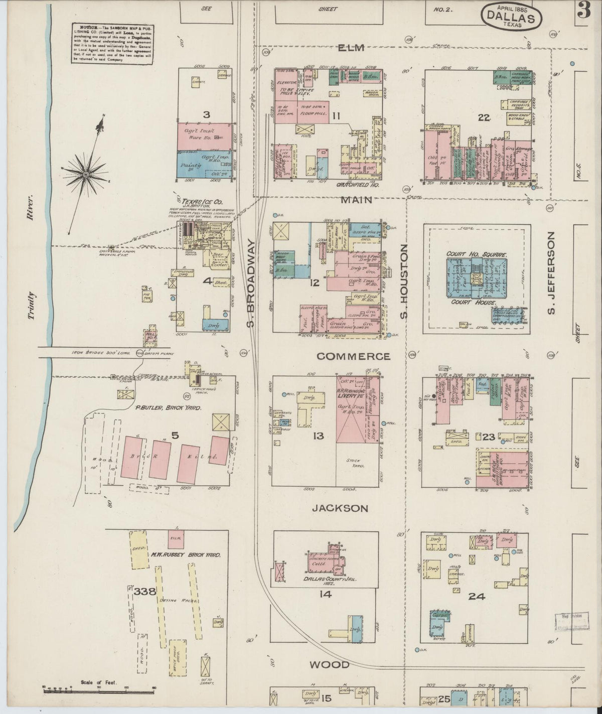 Sanborn Fire Insurance Map from Dallas, Dallas County, Texas (1885), Sheet #0003 - Complete Map Set gallery image, historic Sanborn map, vintage wall art, Texas Texas