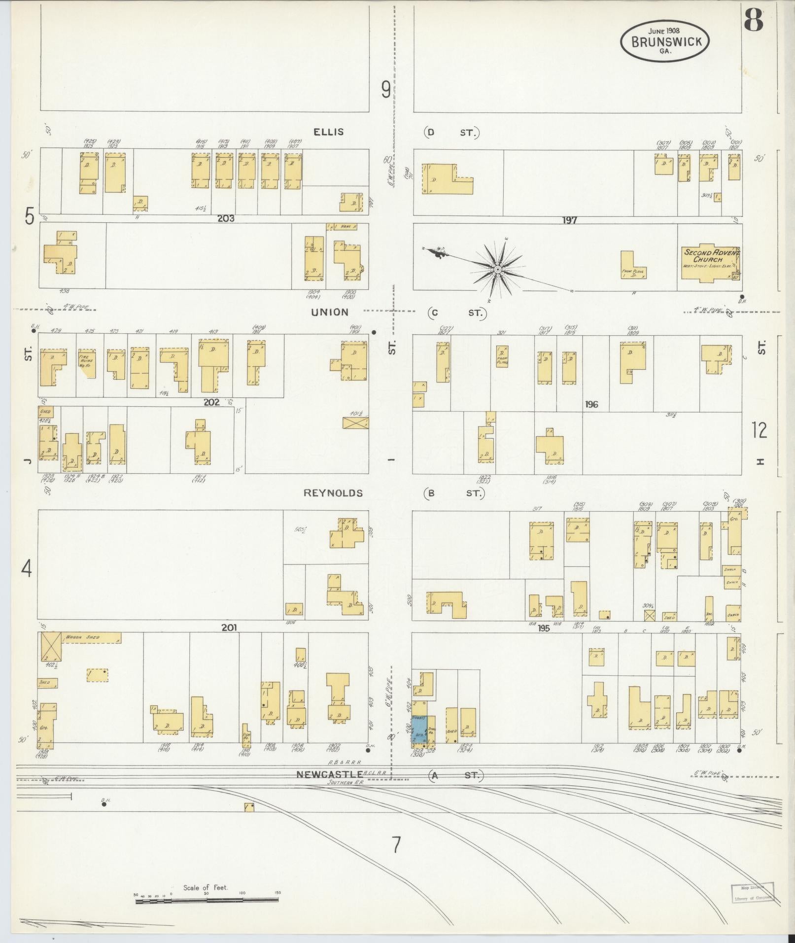 Sanborn Fire Insurance Map from Brunswick, Glynn County, Georgia (1908), Sheet #0008 - Historic Sanborn Fire Insurance Map Print, vintage old map wall art, antique decor, genealogy gift, Georgia Georgia map