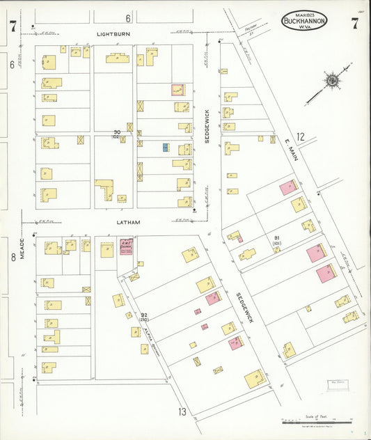 Sanborn Fire Insurance Map from Buckhannon, Upshur County, West Virginia (1923), Sheet #0007 - Historic Sanborn Fire Insurance Map Print, vintage old map wall art, antique decor, genealogy gift, West Virginia West Virginia map