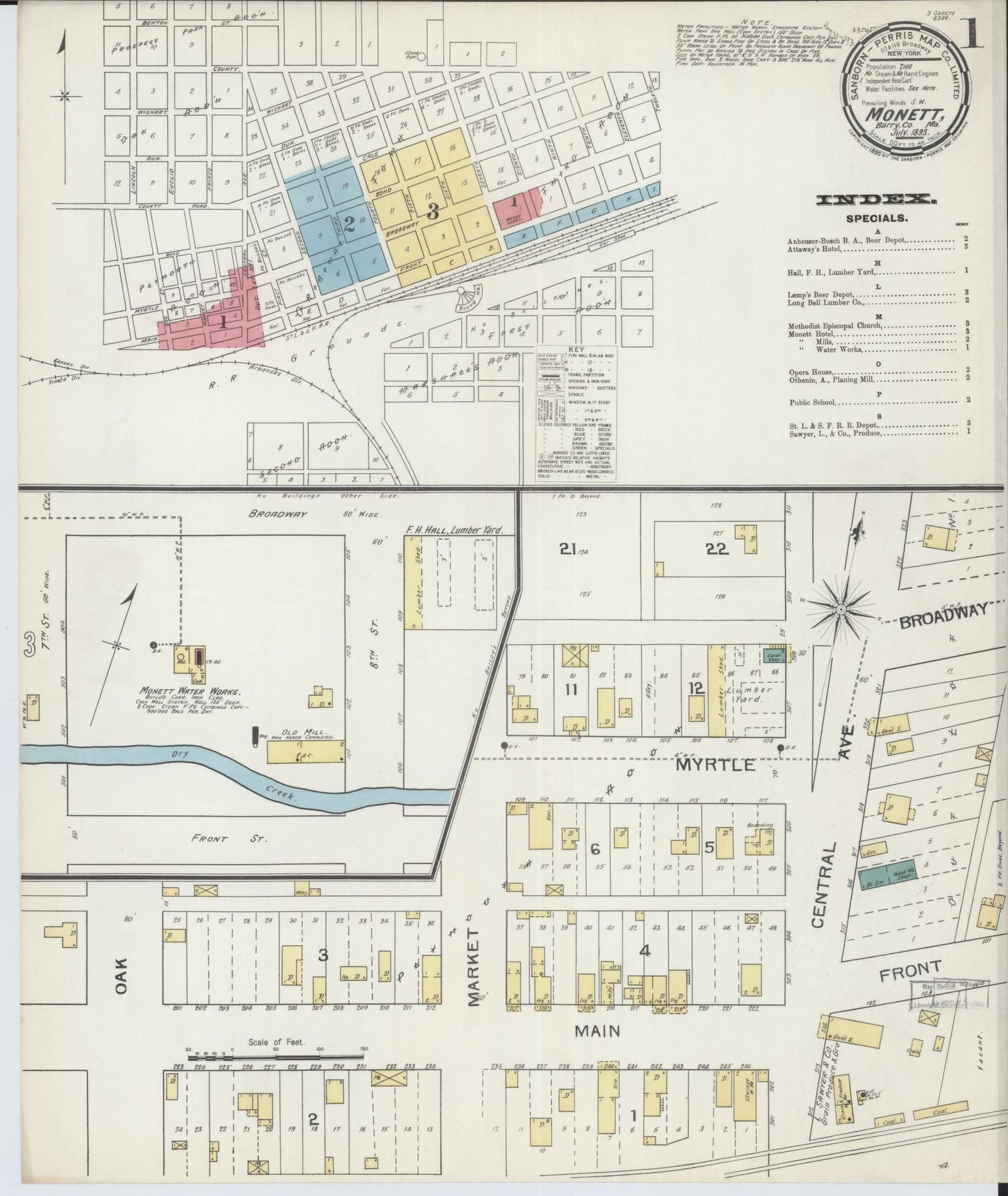 Sanborn Fire Insurance Map from Monett, Barry County, Missouri (1893), Sheet #0001 - Complete Map Set gallery image, historic Sanborn map, vintage wall art, Missouri Missouri