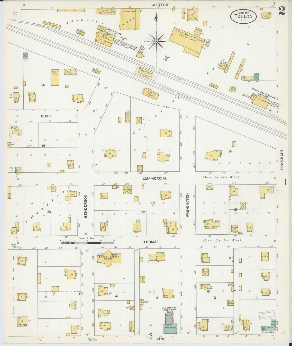 Sanborn Fire Insurance Map from Toulon, Stark County, Illinois (1907), Sheet #0002 - Complete Map Set gallery image, historic Sanborn map, vintage wall art, Illinois Illinois
