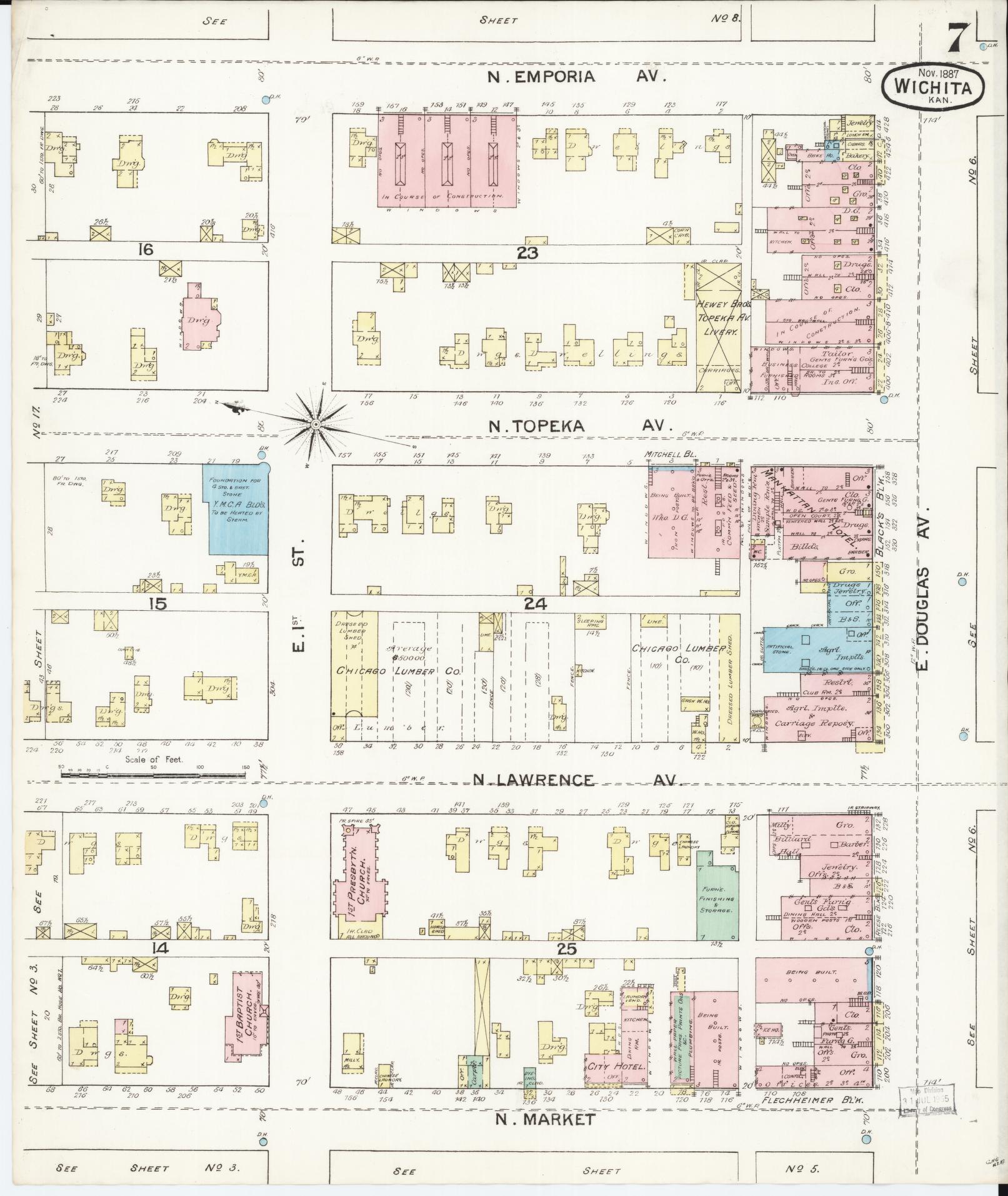 Sanborn Fire Insurance Map from Wichita, Sedgwick County, Kansas (1887), Sheet #0007 - Complete Map Set gallery image, historic Sanborn map, vintage wall art, Kansas Kansas