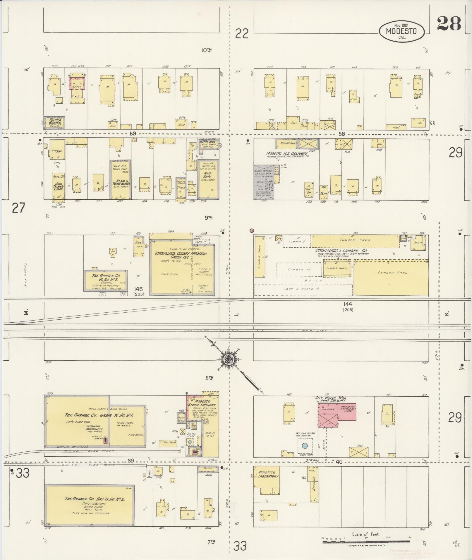 Sanborn Fire Insurance Map from Modesto, Stanislaus County, California (1919), Sheet #0028 - Historic Sanborn Fire Insurance Map Print, vintage old map wall art, antique decor, genealogy gift, California California map