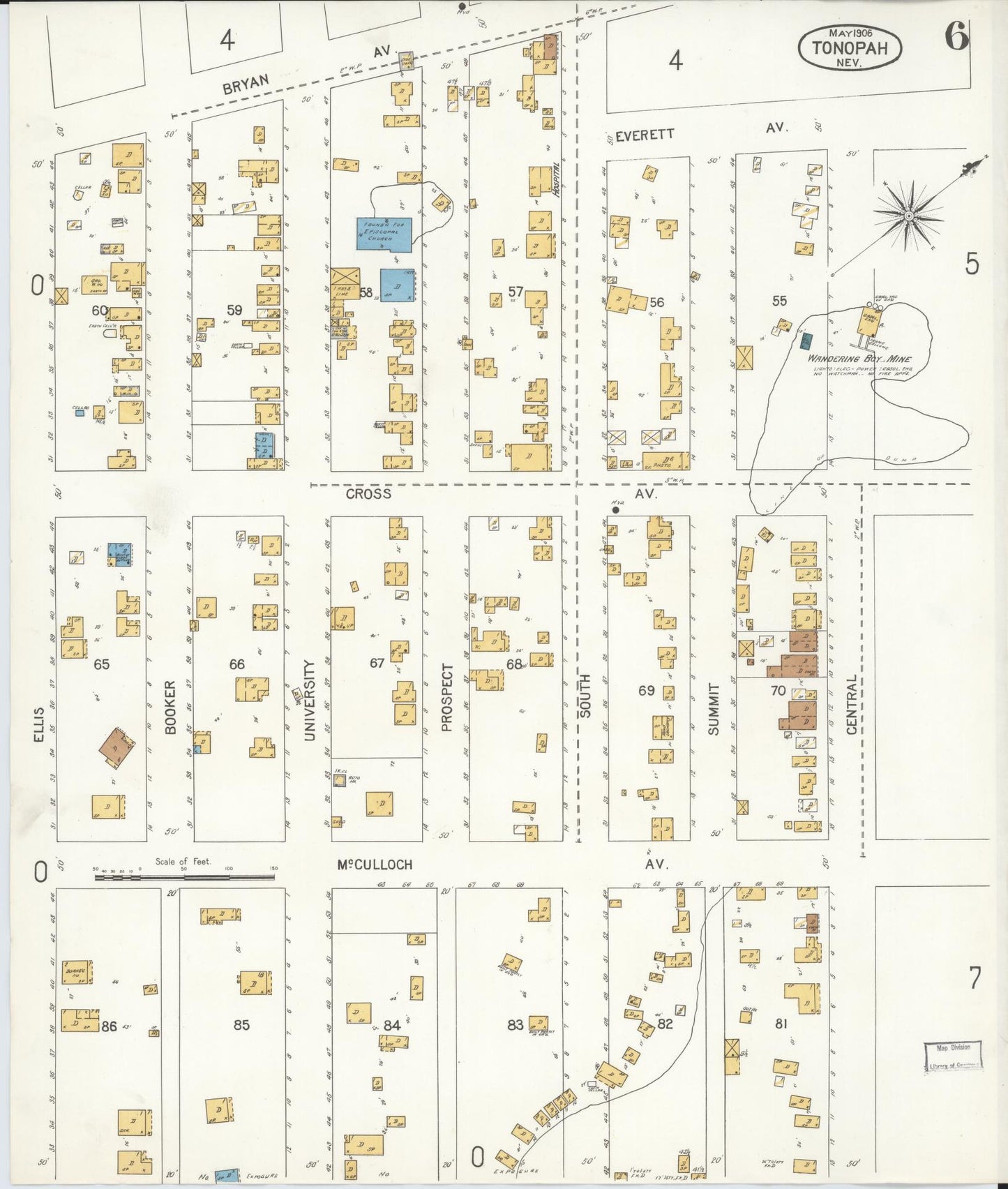 Sanborn Fire Insurance Map from Tonopah, Nye County, Nevada (1906), Sheet #0006 - Complete Map Set gallery image, historic Sanborn map, vintage wall art, Nevada Nevada