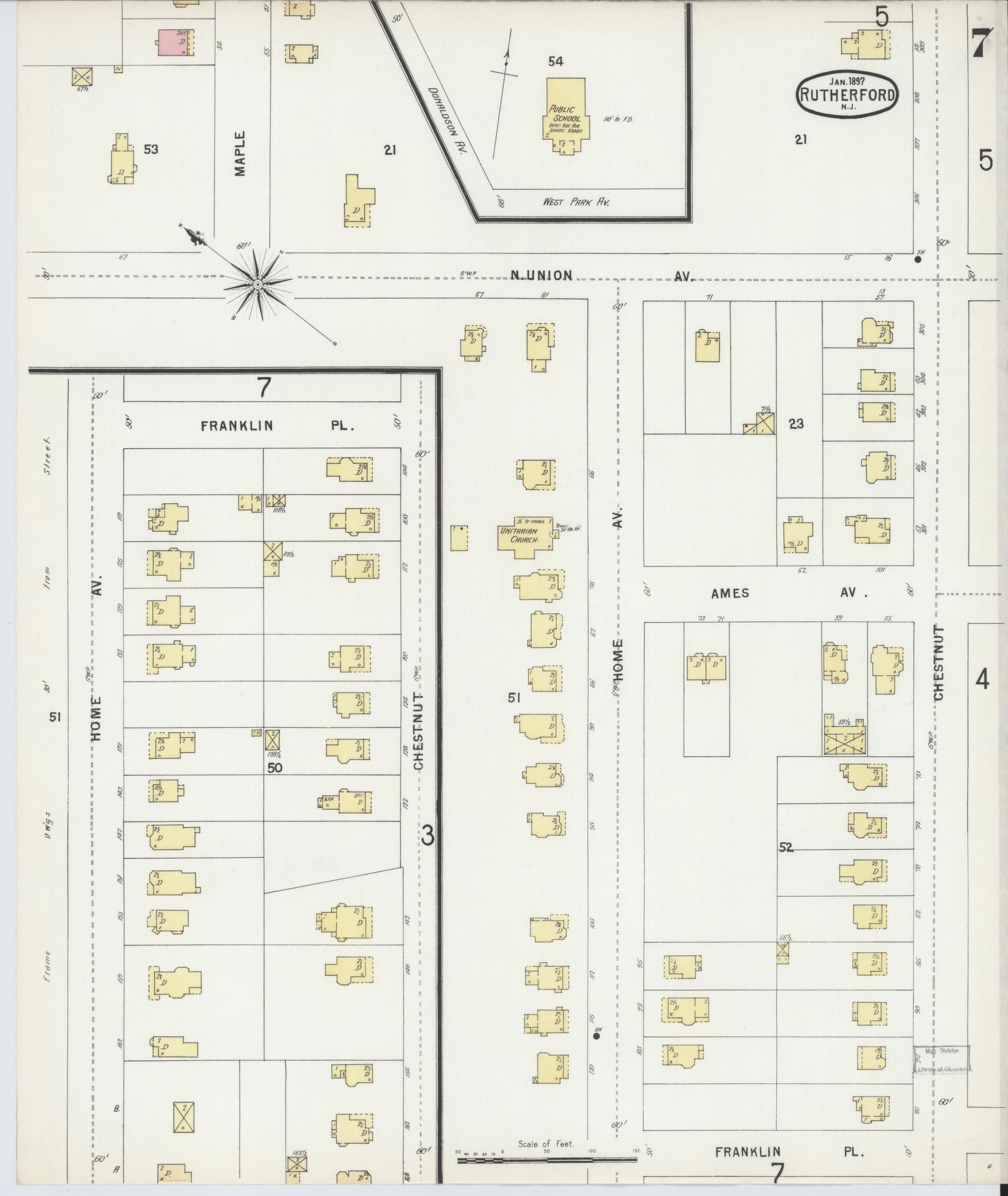 Sanborn Fire Insurance Map from Rutherford, Bergen County, New Jersey (1897), Sheet #0007 - Complete Map Set gallery image, historic Sanborn map, vintage wall art, New Jersey New Jersey