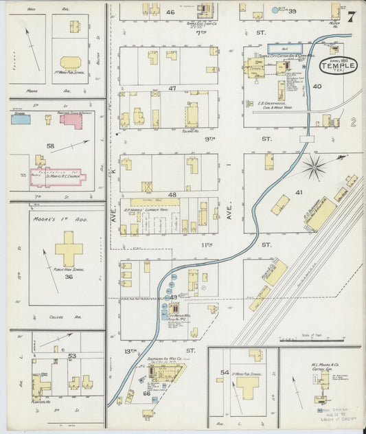 Sanborn Fire Insurance Map from Temple, Bell County, Texas (1893), Sheet #0007 - Historic Sanborn Fire Insurance Map Print, vintage old map wall art, antique decor, genealogy gift, Texas Texas map