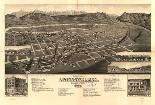 Bird's eye view of Livingston, Mon., Gallatin County 1883. (1883) – Historic Bird’s-Eye View Panorama Print