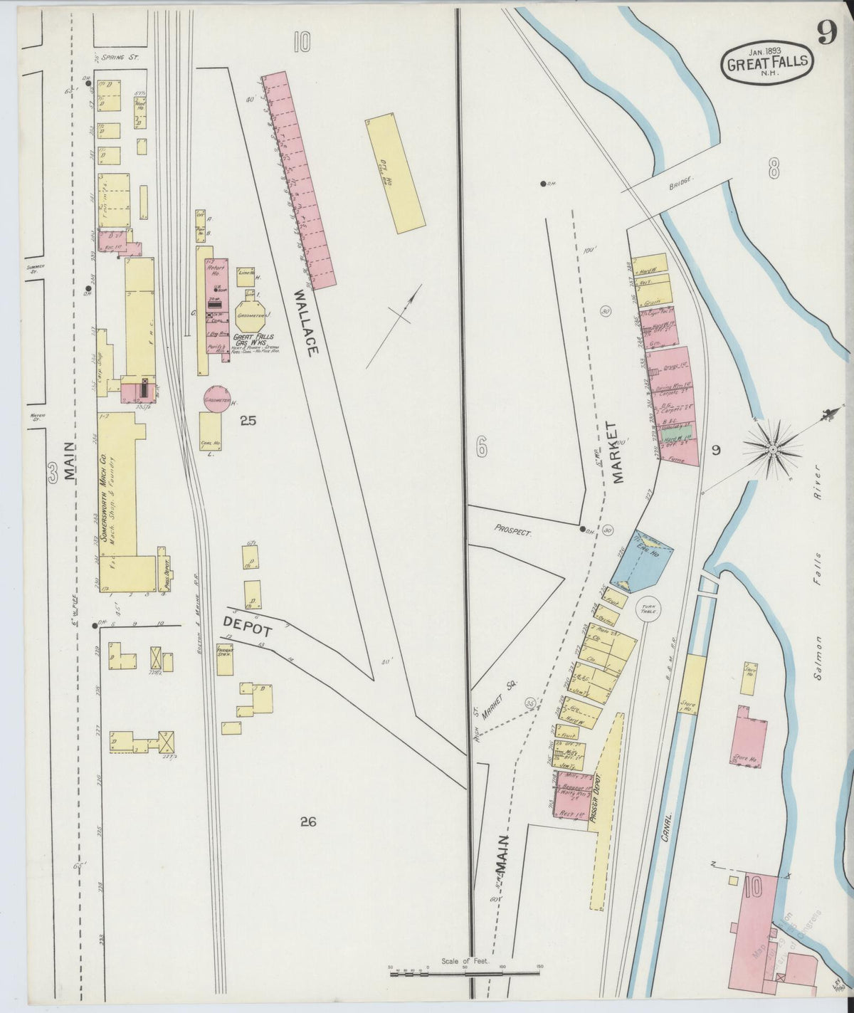 Sanborn Fire Insurance Map from Great Falls, Strafford County, New Hampshire (1893), Sheet #0009 - Historic Sanborn Fire Insurance Map Print, vintage old map wall art, antique decor, genealogy gift, New Hampshire New Hampshire map