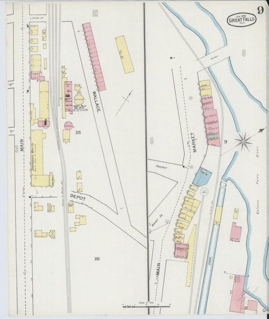 Sanborn Fire Insurance Map from Great Falls, Strafford County, New Hampshire (1893), Sheet #0009 - Historic Sanborn Fire Insurance Map Print, vintage old map wall art, antique decor, genealogy gift, New Hampshire New Hampshire map
