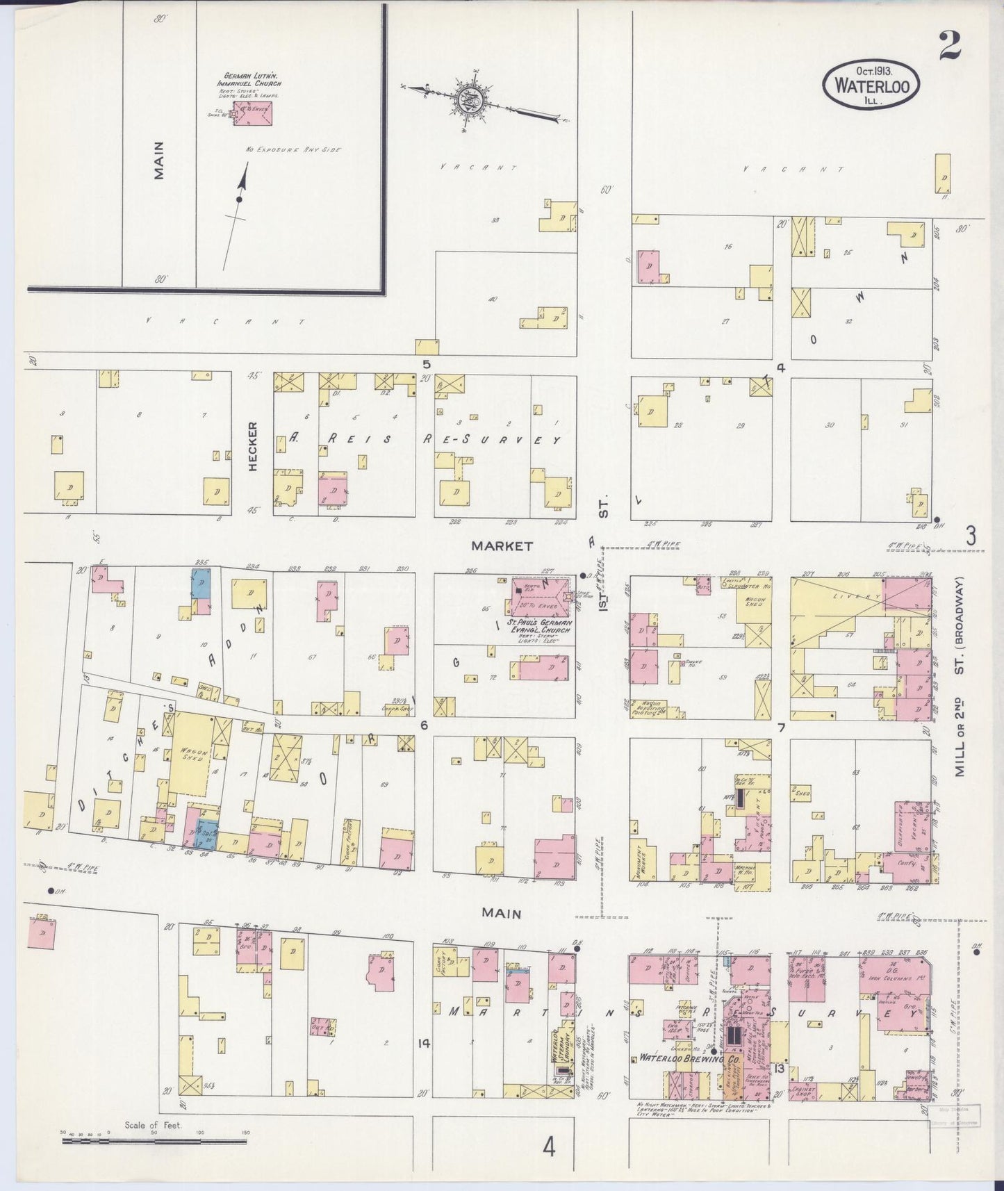 Sanborn Fire Insurance Map from Waterloo, Monroe County, Illinois (1913), Sheet #0002 - Historic Sanborn Fire Insurance Map Print, vintage old map wall art, antique decor, genealogy gift, Illinois Illinois map
