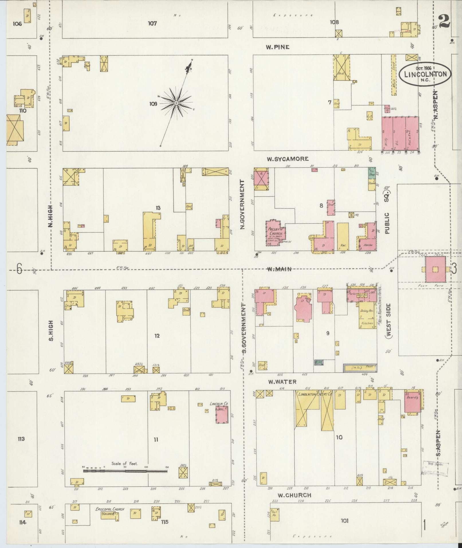 Sanborn Fire Insurance Map from Lincolnton, Lincoln County, North Carolina (1906), Sheet #0002 - Historic Sanborn Fire Insurance Map Print, vintage old map wall art, antique decor, genealogy gift, North Carolina North Carolina map