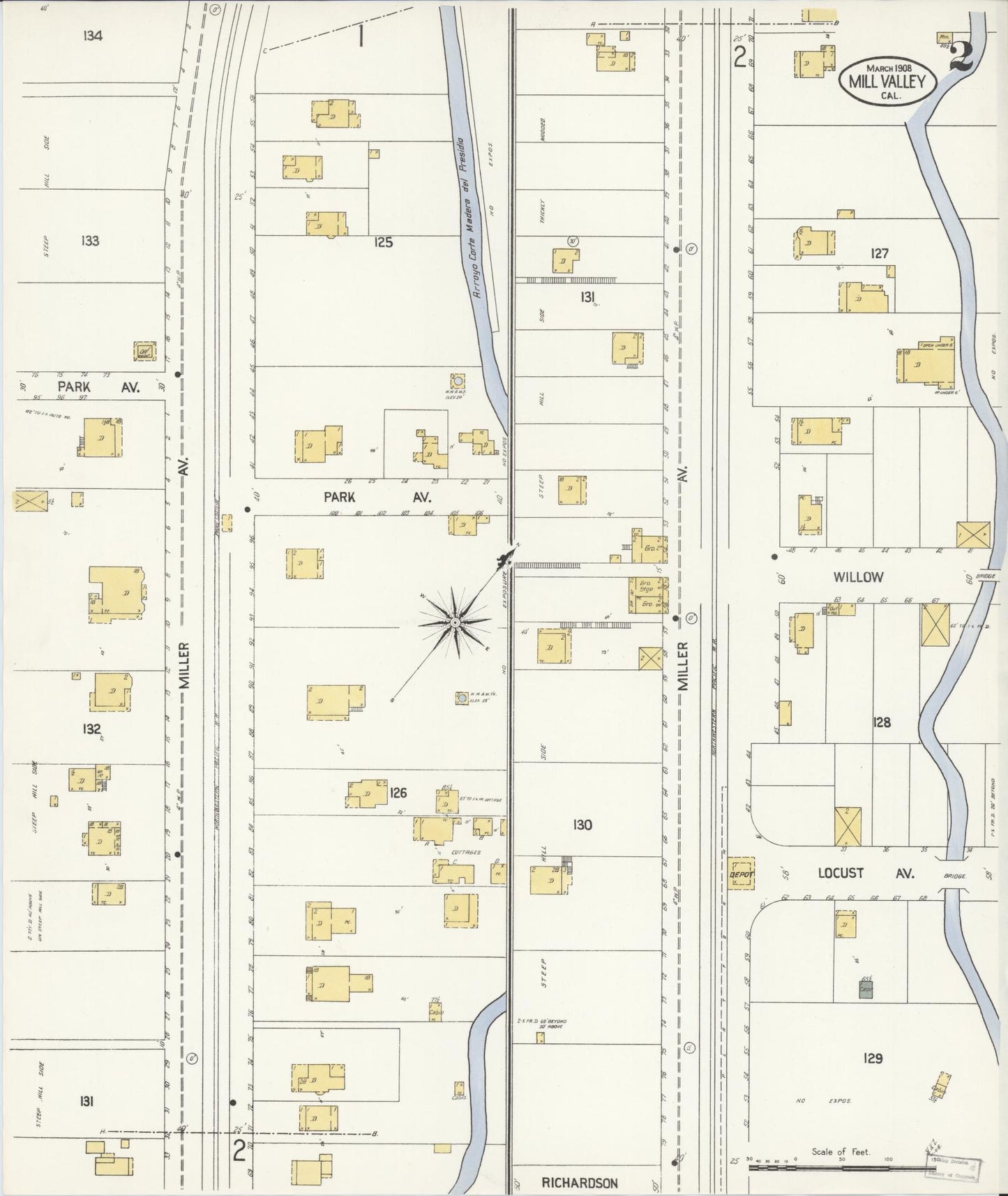 Sanborn Fire Insurance Map from Mill Valley, Marin County, California (1908), Sheet #0002 - Historic Sanborn Fire Insurance Map Print, vintage old map wall art, antique decor, genealogy gift, California California map