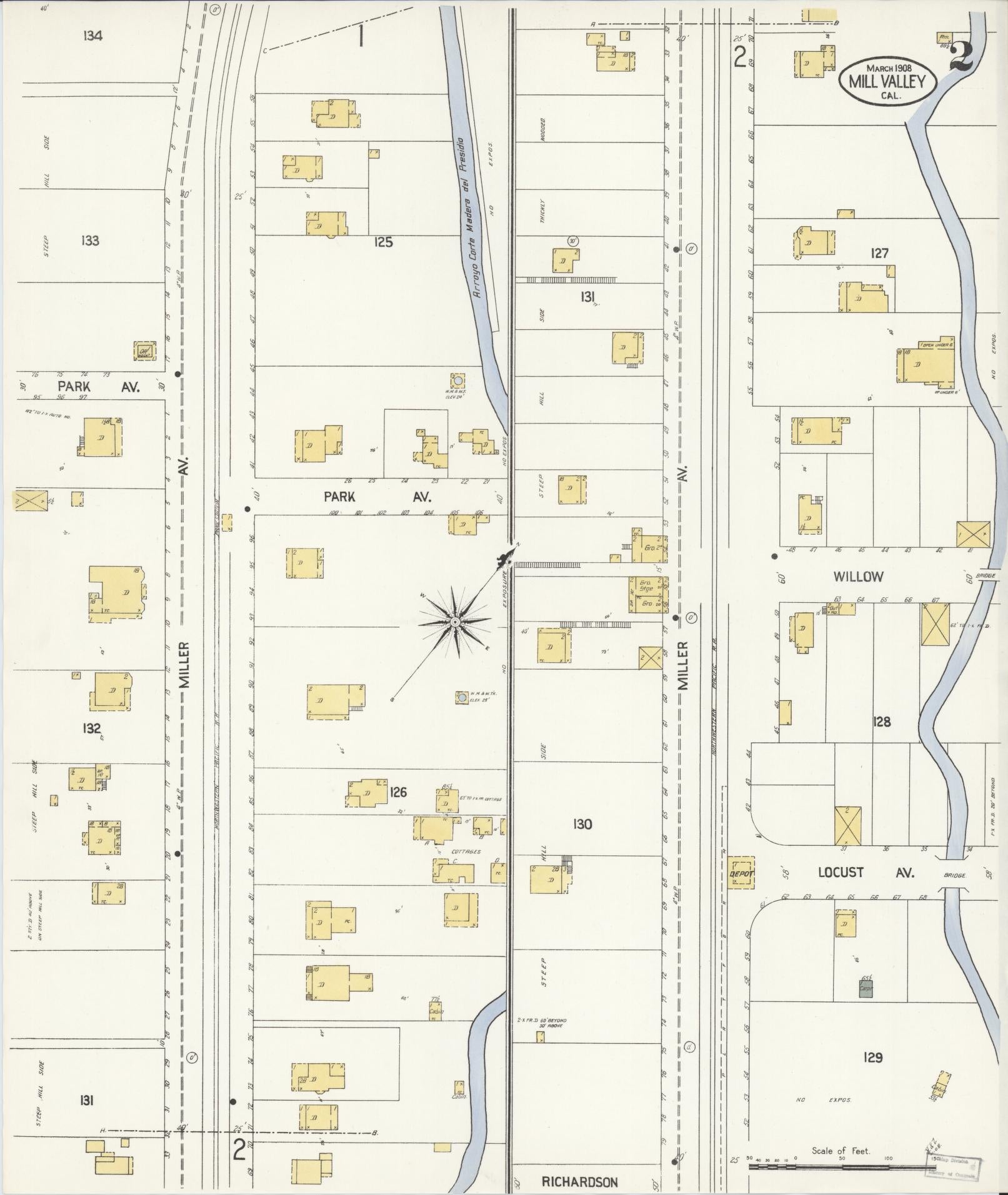 Sanborn Fire Insurance Map from Mill Valley, Marin County, California (1908), Sheet #0002 - Historic Sanborn Fire Insurance Map Print, vintage old map wall art, antique decor, genealogy gift, California California map