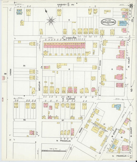 Sanborn Fire Insurance Map from Doylestown, Bucks County, Pennsylvania (1909), Sheet #0008 - Historic Sanborn Fire Insurance Map Print, vintage old map wall art, antique decor, genealogy gift, Pennsylvania Pennsylvania map