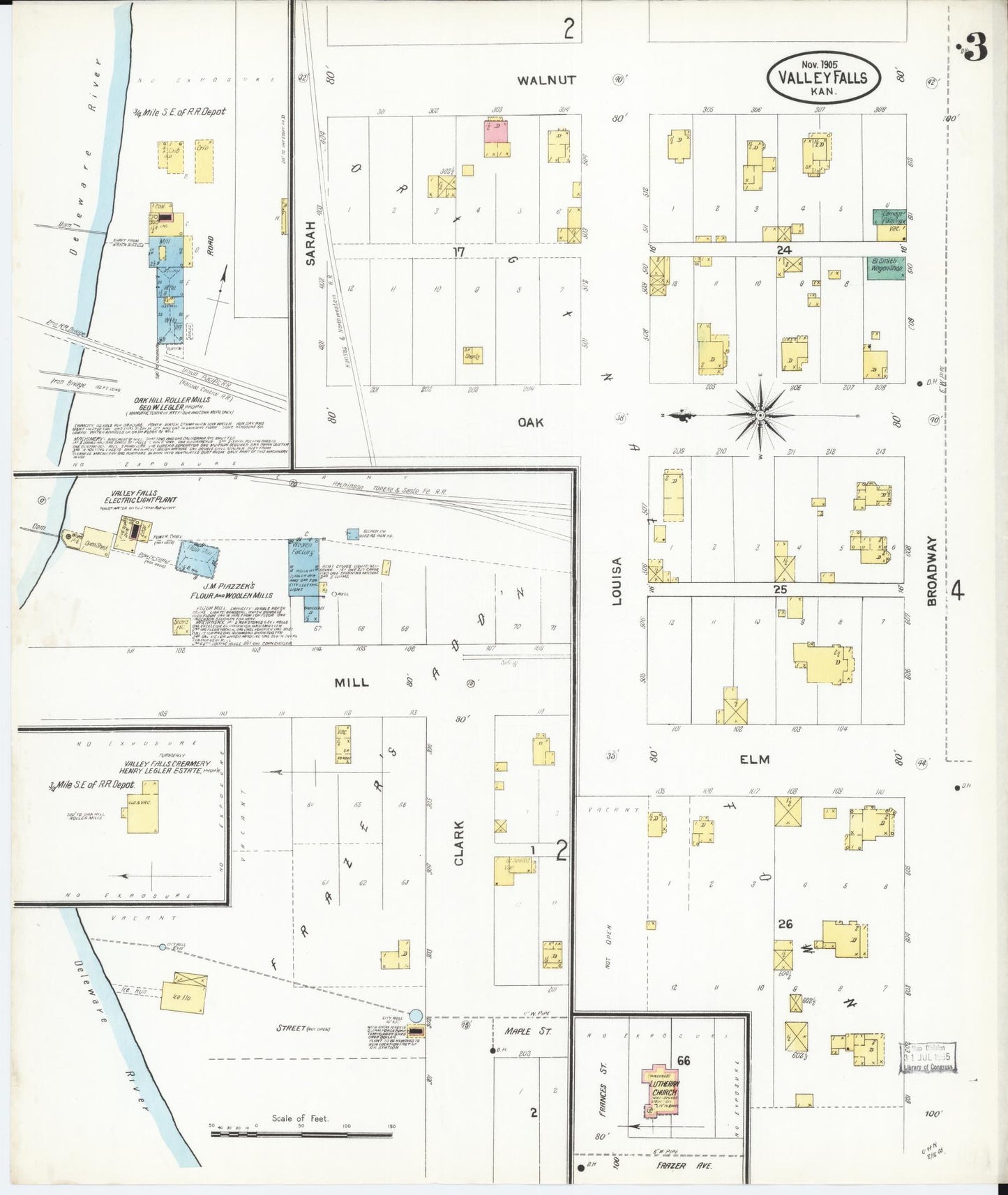 Sanborn Fire Insurance Map from Valley Falls, Jefferson County, Kansas (1905), Sheet #0003 - Complete Map Set gallery image, historic Sanborn map, vintage wall art, Kansas Kansas