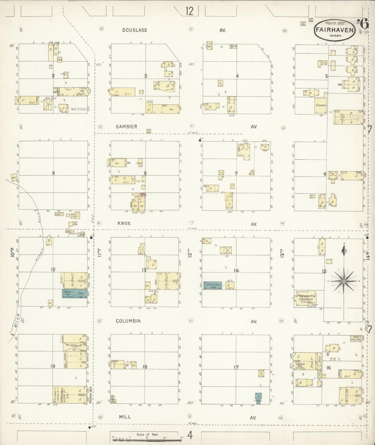 Sanborn Fire Insurance Map from Fairhaven [see also Bellingham and Sehome], Whatcom County, Washington (1897), Sheet #0006 - Historic Sanborn Fire Insurance Map Print, vintage old map wall art, antique decor, genealogy gift, Washington Washington map