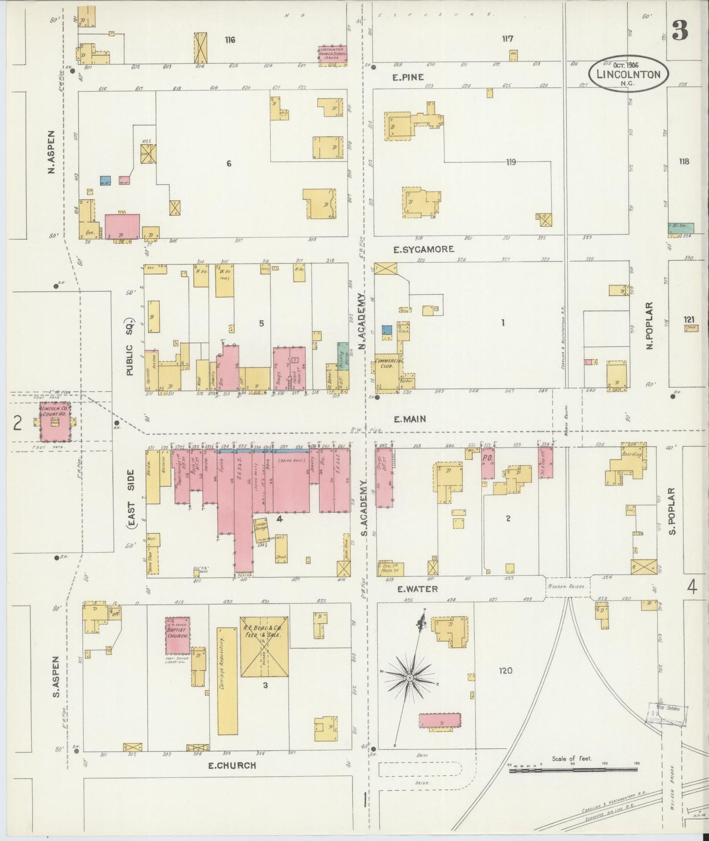 Sanborn Fire Insurance Map from Lincolnton, Lincoln County, North Carolina (1906), Sheet #0003 - Historic Sanborn Fire Insurance Map Print, vintage old map wall art, antique decor, genealogy gift, North Carolina North Carolina map