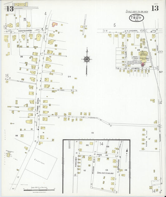Sanborn Fire Insurance Map from Troy, Pike County, Alabama (1923), Sheet #0013 - Historic Sanborn Fire Insurance Map Print, vintage old map wall art, antique decor, genealogy gift, Alabama Alabama map