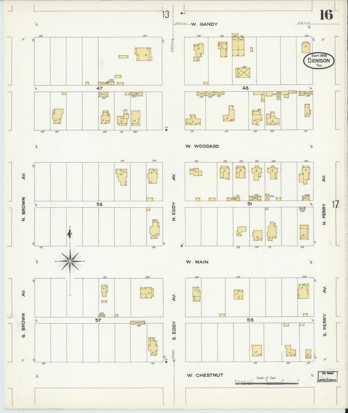Sanborn Fire Insurance Map from Denison, Grayson County, Texas (1908), Sheet #0016 - Complete Map Set gallery image, historic Sanborn map, vintage wall art, Texas Texas