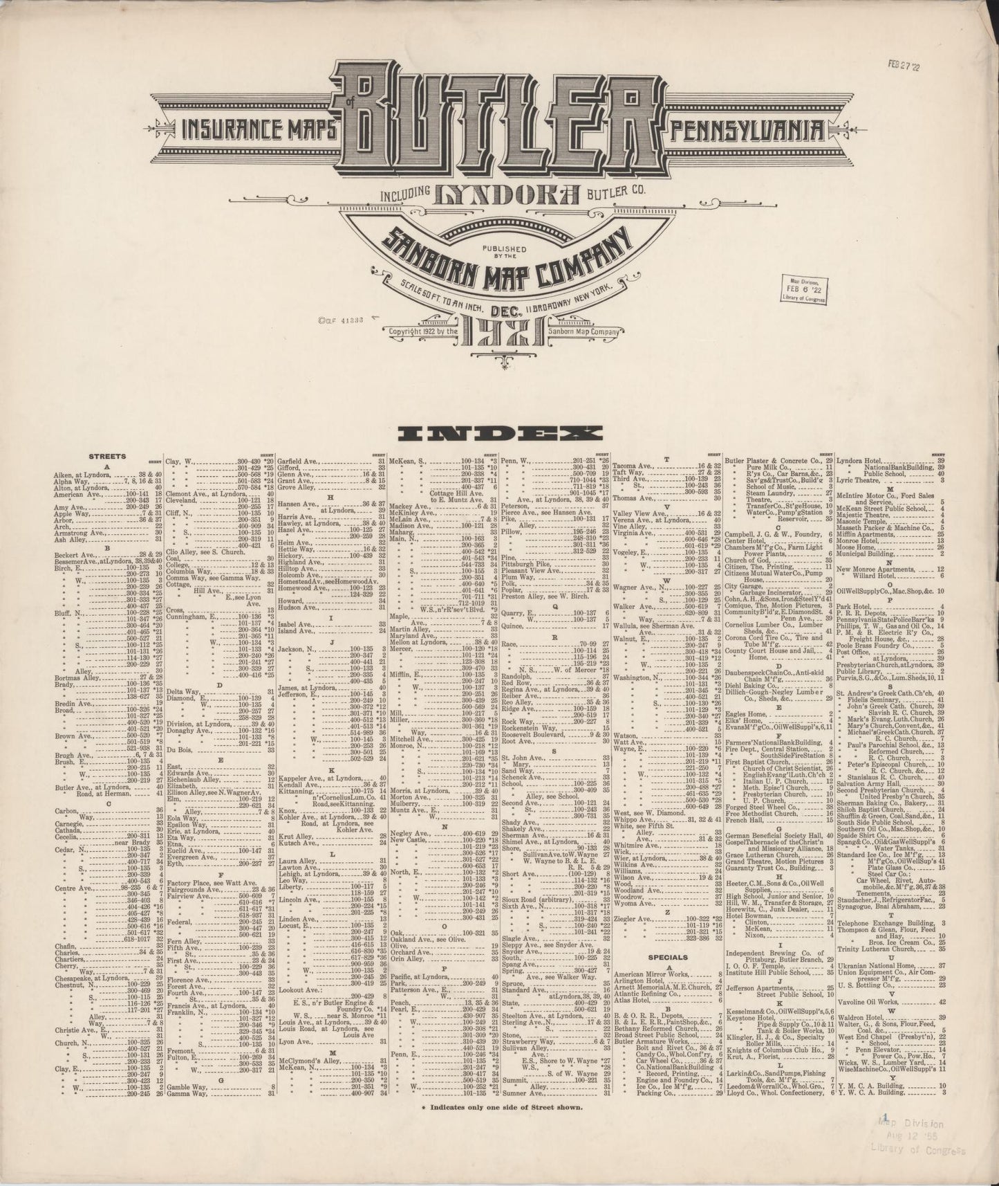 Sanborn Fire Insurance Map from Butler, Butler County, Pennsylvania (1921), Sheet #0001 - Historic Sanborn Fire Insurance Map Print, vintage old map wall art, antique decor, genealogy gift, Pennsylvania Pennsylvania map