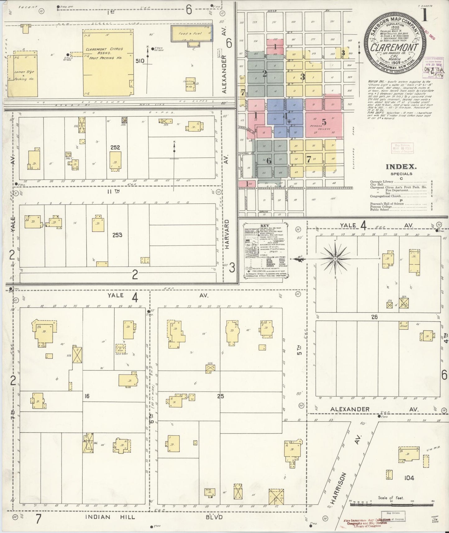 Sanborn Fire Insurance Map from Claremont, Los Angeles County, California (1909), Sheet #0001 - Complete Map Set gallery image, historic Sanborn map, vintage wall art, California California