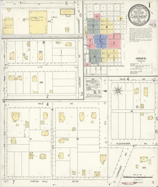 Sanborn Fire Insurance Map from Claremont, Los Angeles County, California (1909), Sheet #0001 - Complete Map Set gallery image, historic Sanborn map, vintage wall art, California California