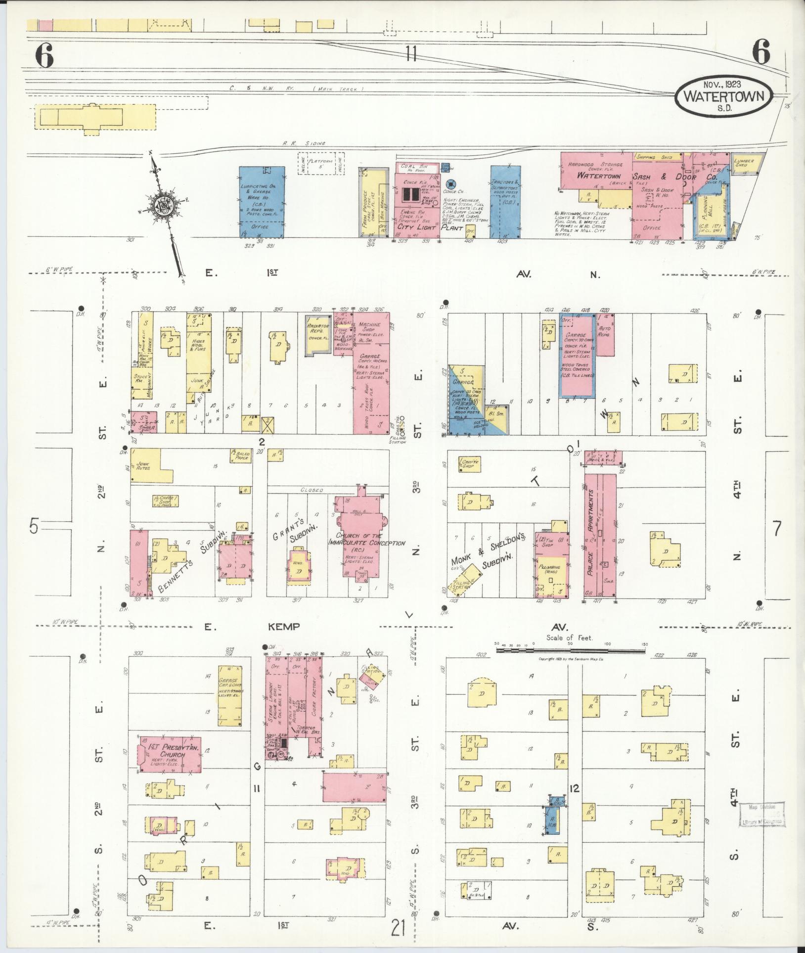 Sanborn Fire Insurance Map from Watertown, Codington County, South Dakota (1923), Sheet #0006 - Historic Sanborn Fire Insurance Map Print, vintage old map wall art, antique decor, genealogy gift, South Dakota South Dakota map