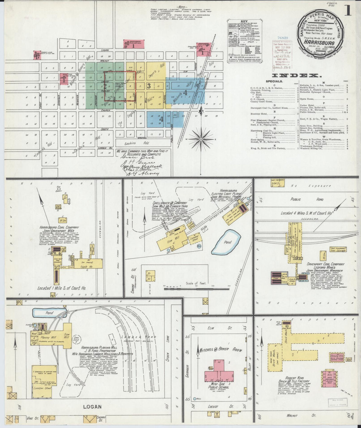 Sanborn Fire Insurance Map from Harrisburg, Saline County, Illinois (1900), Sheet #0001 - Historic Sanborn Fire Insurance Map Print, vintage old map wall art, antique decor, genealogy gift, Illinois Illinois map