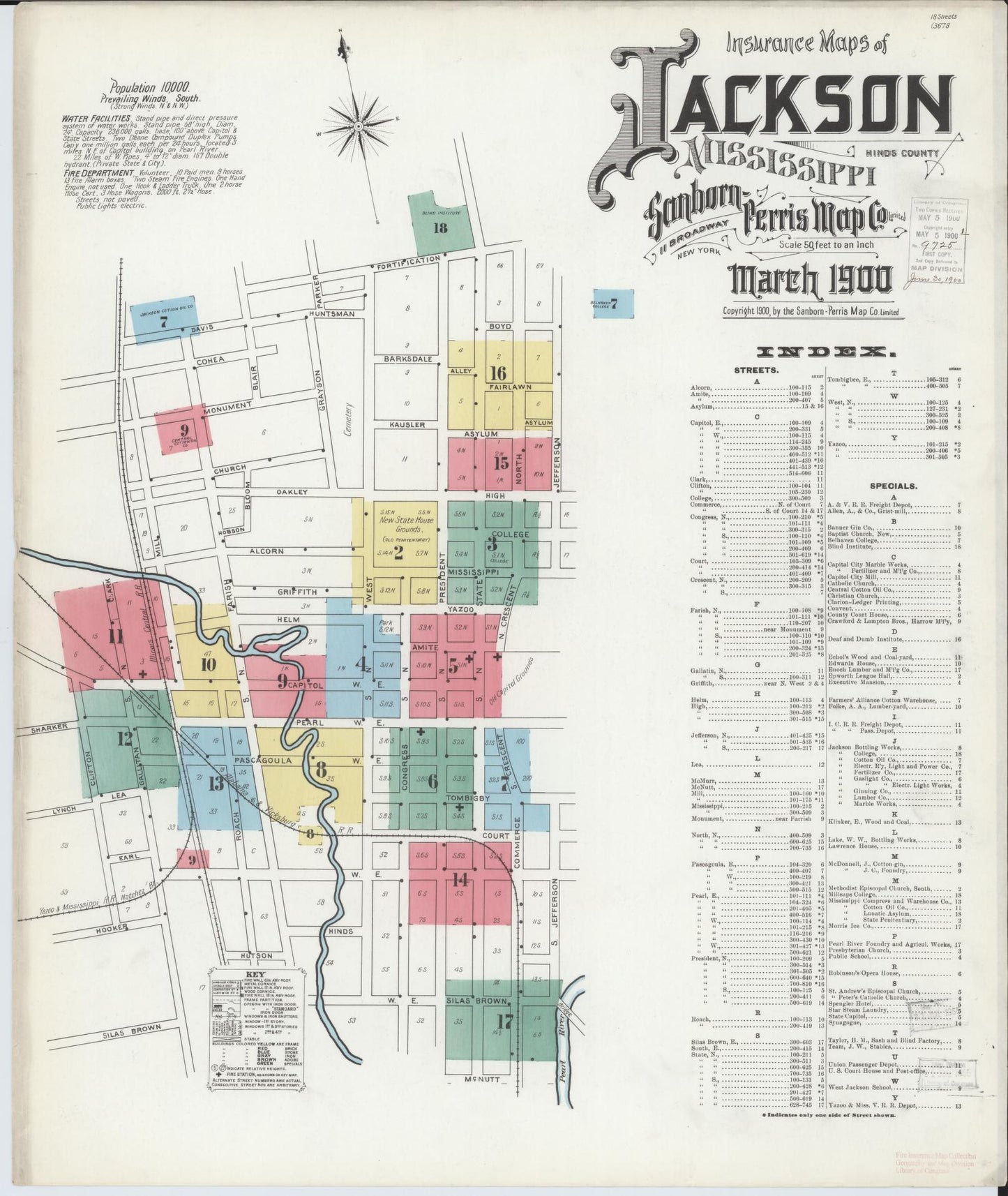 Sanborn Fire Insurance Map from Jackson, Hinds County, Mississippi (1900), Sheet #0001 - Historic Sanborn Fire Insurance Map Print, vintage old map wall art, antique decor, genealogy gift, Mississippi Mississippi map