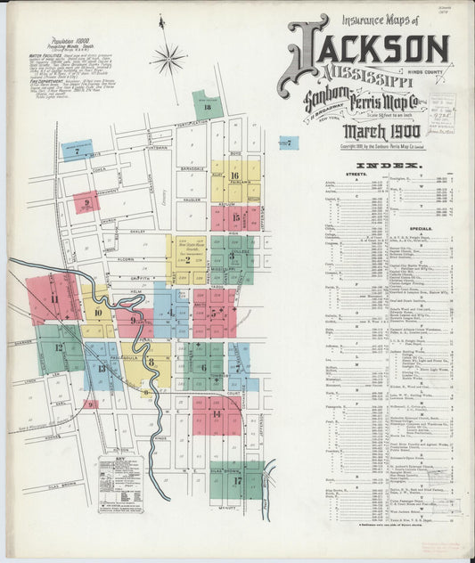 Sanborn Fire Insurance Map from Jackson, Hinds County, Mississippi (1900), Sheet #0001 - Historic Sanborn Fire Insurance Map Print, vintage old map wall art, antique decor, genealogy gift, Mississippi Mississippi map