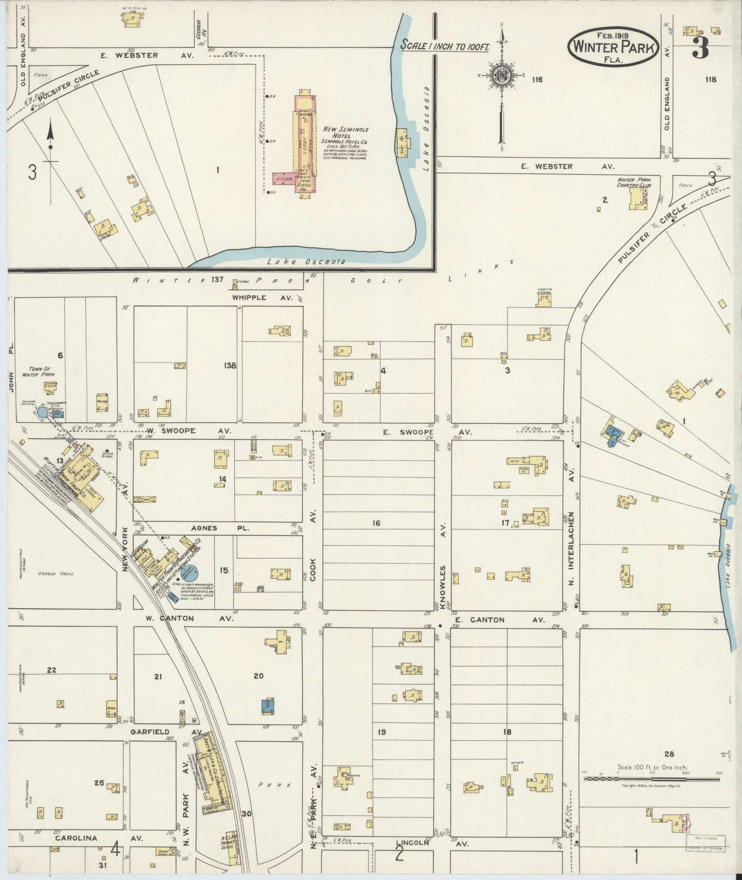 Sanborn Fire Insurance Map from Winter Park, Orange County, Florida (1919), Sheet #0003 - Complete Map Set gallery image, historic Sanborn map, vintage wall art, Florida Florida