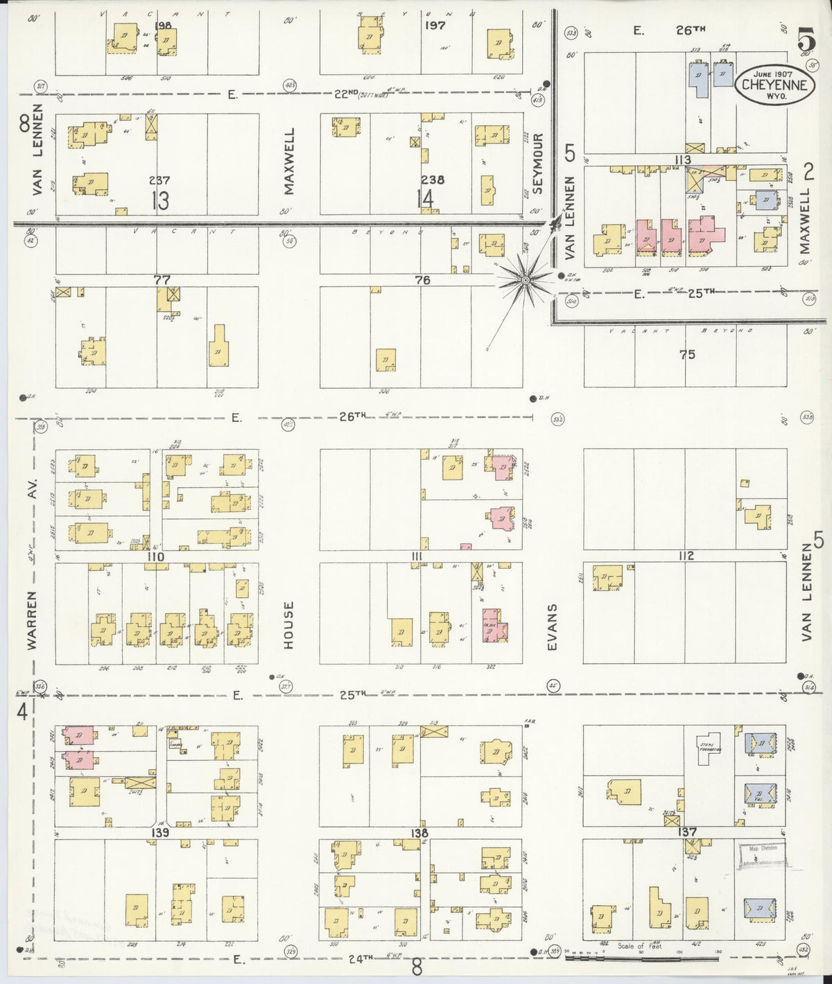 Sanborn Fire Insurance Map from Cheyenne, Laramie County, Wyoming (1907), Sheet #0005 - Historic Sanborn Fire Insurance Map Print, vintage old map wall art, antique decor, genealogy gift, Wyoming Wyoming map