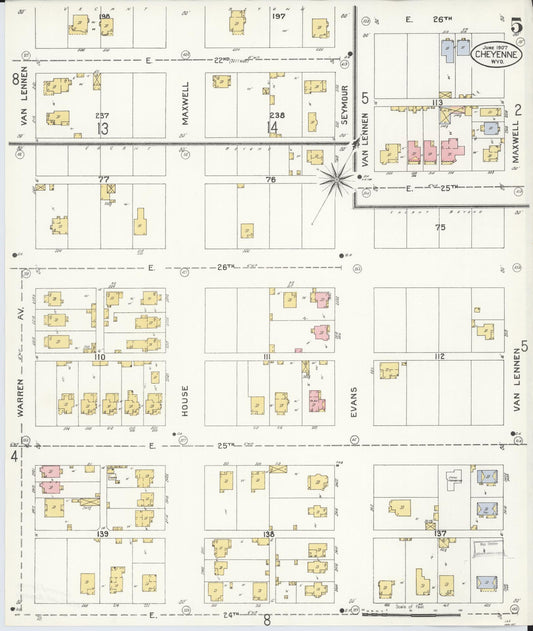 Sanborn Fire Insurance Map from Cheyenne, Laramie County, Wyoming (1907), Sheet #0005 - Historic Sanborn Fire Insurance Map Print, vintage old map wall art, antique decor, genealogy gift, Wyoming Wyoming map