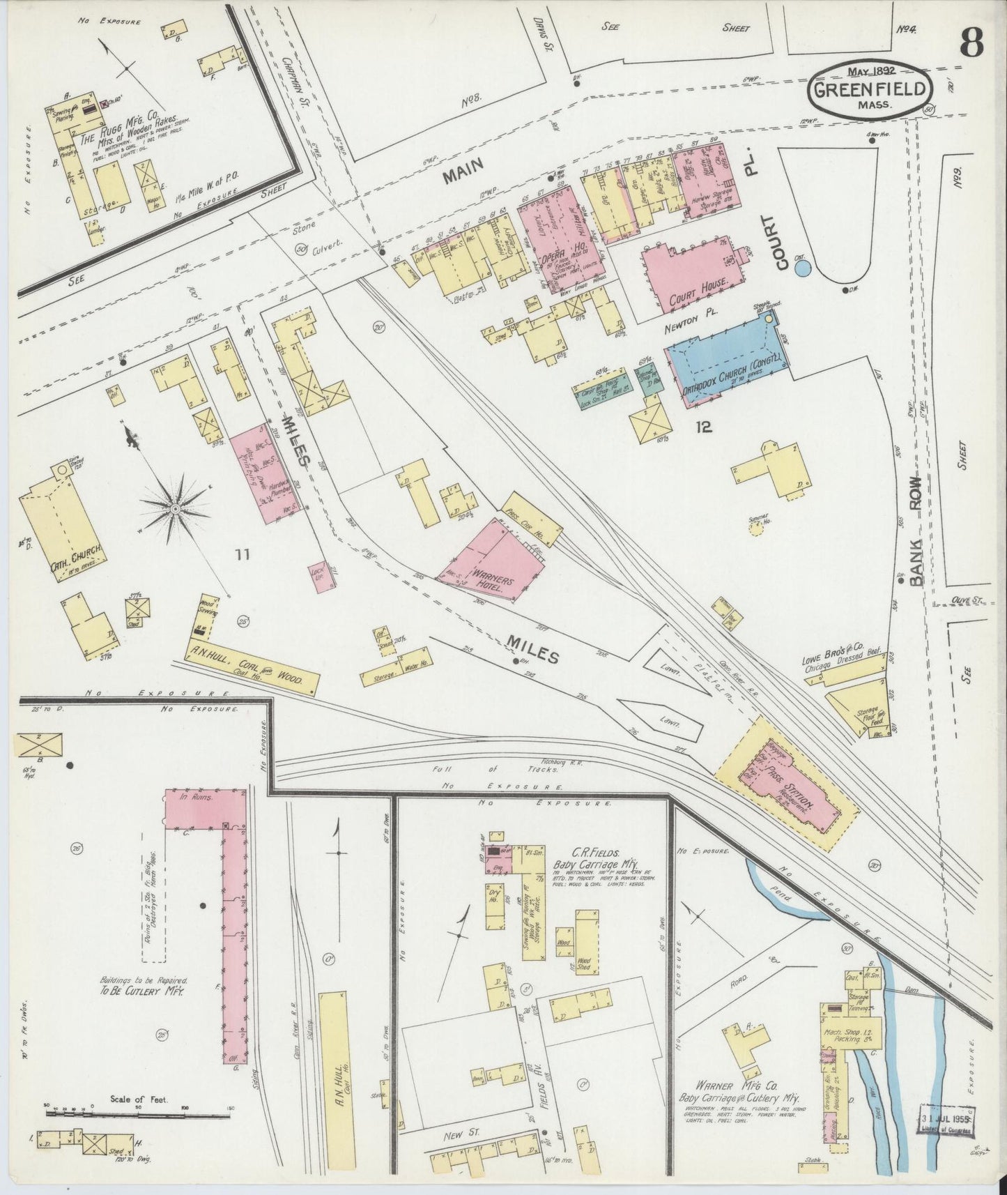 Sanborn Fire Insurance Map from Greenfield, Franklin County, Massachusetts (1892), Sheet #0008 - Complete Map Set gallery image, historic Sanborn map, vintage wall art, Massachusetts Massachusetts
