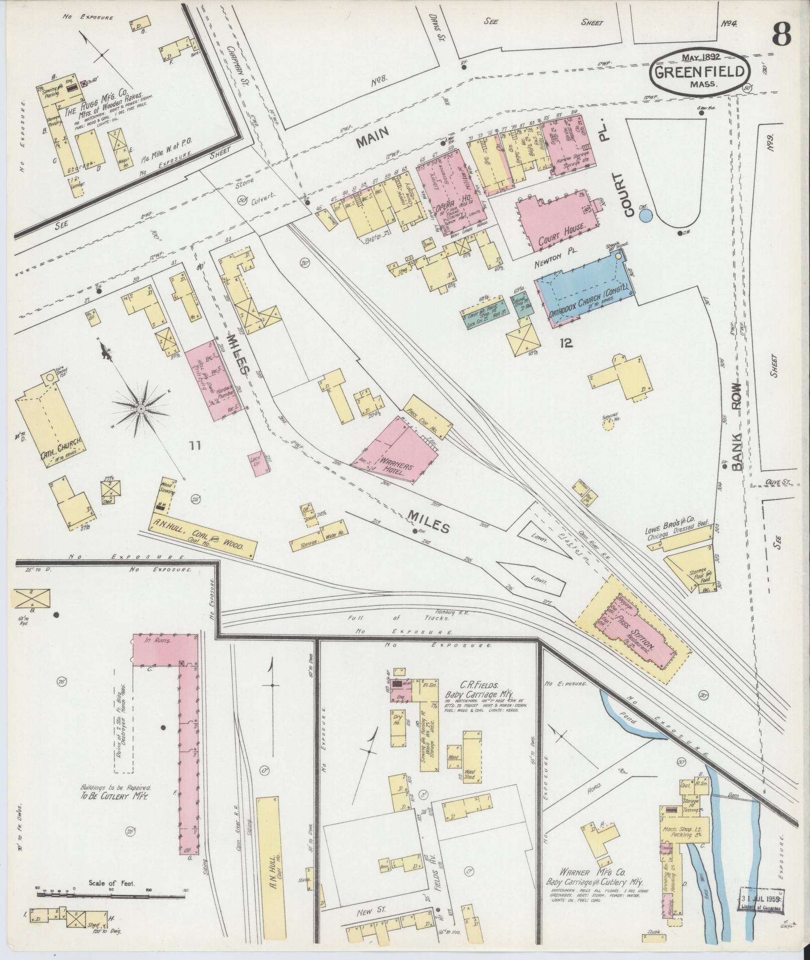 Sanborn Fire Insurance Map from Greenfield, Franklin County, Massachusetts (1892), Sheet #0008 - Complete Map Set gallery image, historic Sanborn map, vintage wall art, Massachusetts Massachusetts