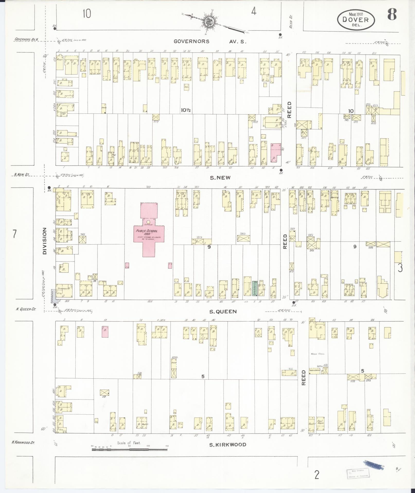 Sanborn Fire Insurance Map from Dover, Kent County, Delaware (1910), Sheet #0008 - Historic Sanborn Fire Insurance Map Print, vintage old map wall art, antique decor, genealogy gift, Delaware Delaware map
