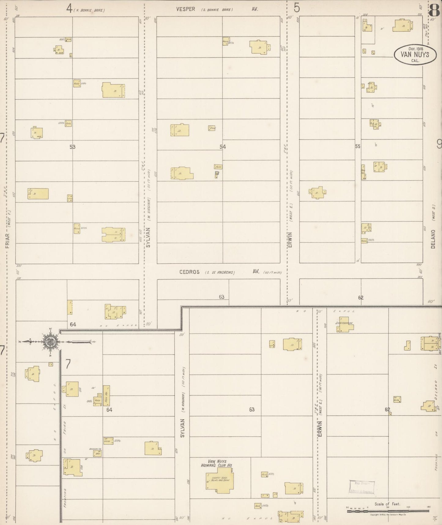 Sanborn Fire Insurance Map from Van Nuys, Los Angeles County, California (1918), Sheet #0008 - Complete Map Set gallery image, historic Sanborn map, vintage wall art, California California