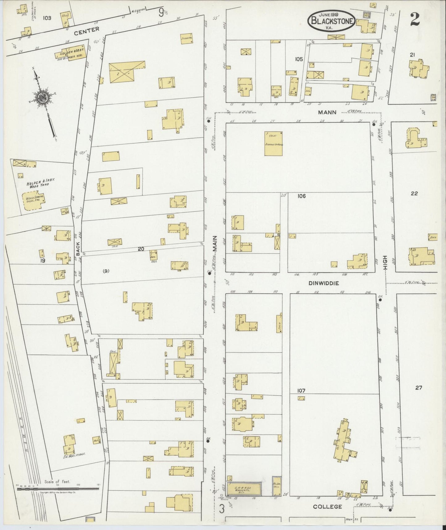 Sanborn Fire Insurance Map from Blackstone, Nottoway County, Virginia (1919), Sheet #0002 - Historic Sanborn Fire Insurance Map Print, vintage old map wall art, antique decor, genealogy gift, Virginia Virginia map