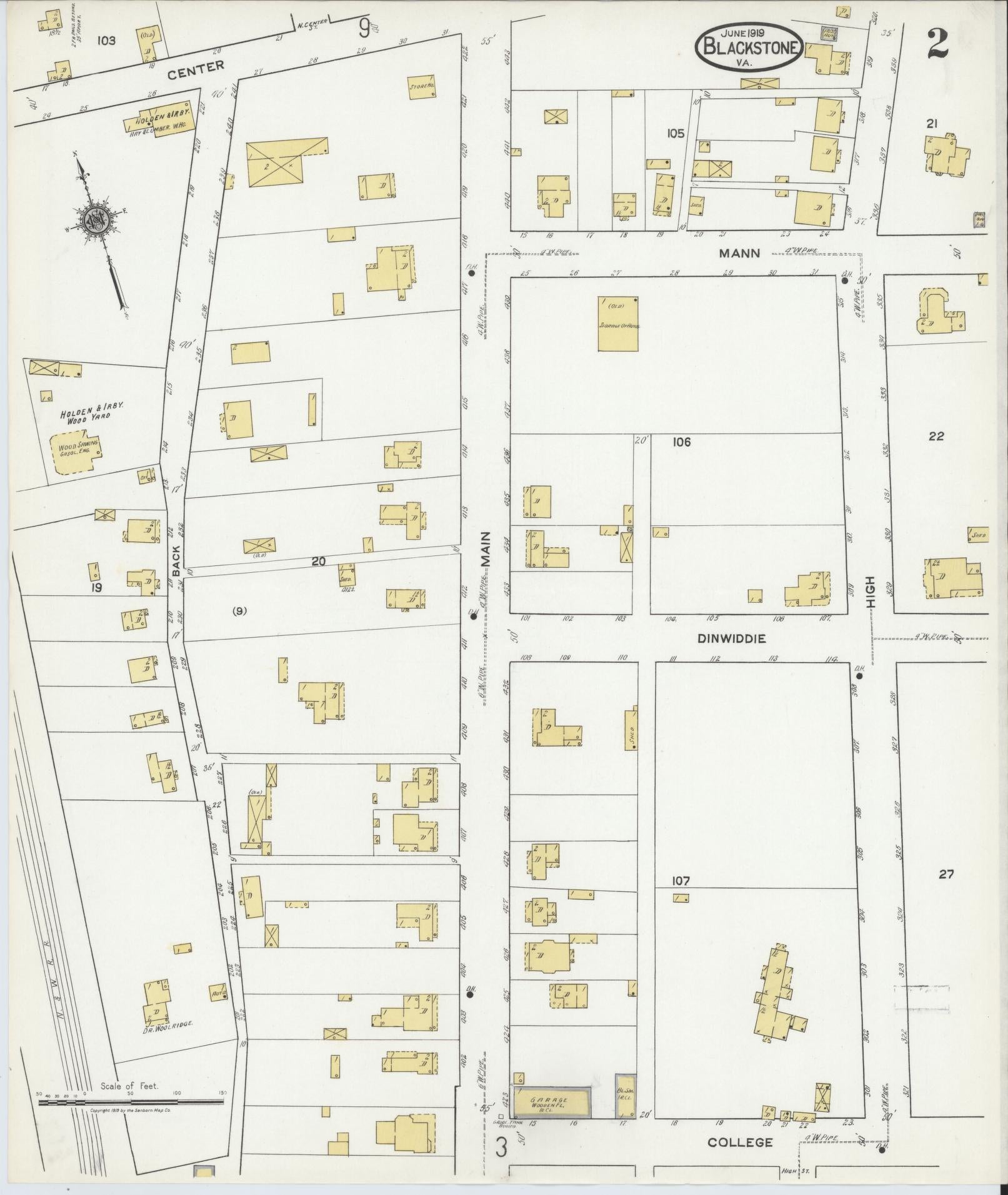 Sanborn Fire Insurance Map from Blackstone, Nottoway County, Virginia (1919), Sheet #0002 - Historic Sanborn Fire Insurance Map Print, vintage old map wall art, antique decor, genealogy gift, Virginia Virginia map