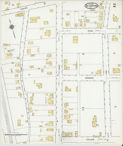Sanborn Fire Insurance Map from Blackstone, Nottoway County, Virginia (1919), Sheet #0002 - Historic Sanborn Fire Insurance Map Print, vintage old map wall art, antique decor, genealogy gift, Virginia Virginia map