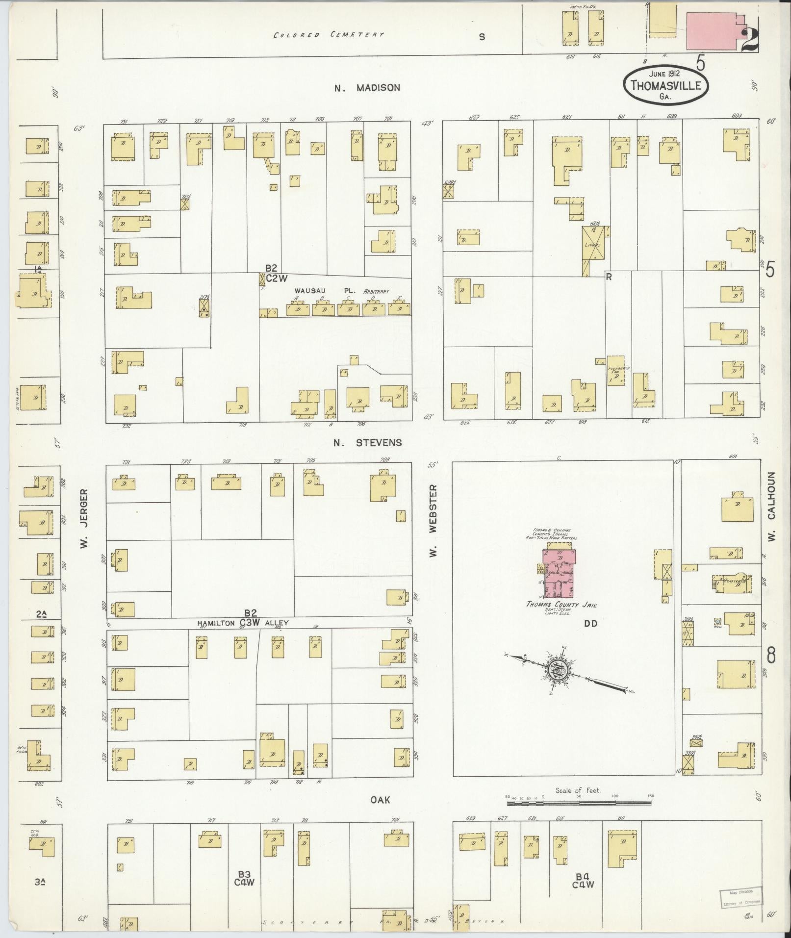 Sanborn Fire Insurance Map from Thomasville, Thomas County, Georgia (1912), Sheet #0002 - Historic Sanborn Fire Insurance Map Print, vintage old map wall art, antique decor, genealogy gift, Georgia Georgia map