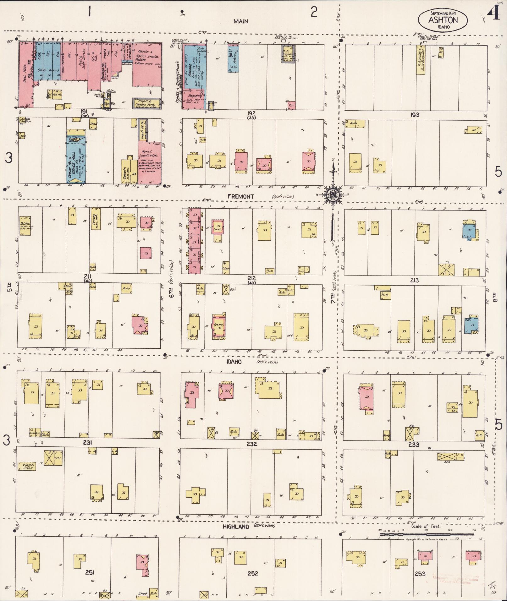Sanborn Fire Insurance Map from Ashton, Fremont County, Idaho (1921), Sheet #0004 - Historic Sanborn Fire Insurance Map Print, vintage old map wall art, antique decor, genealogy gift, Idaho Idaho map
