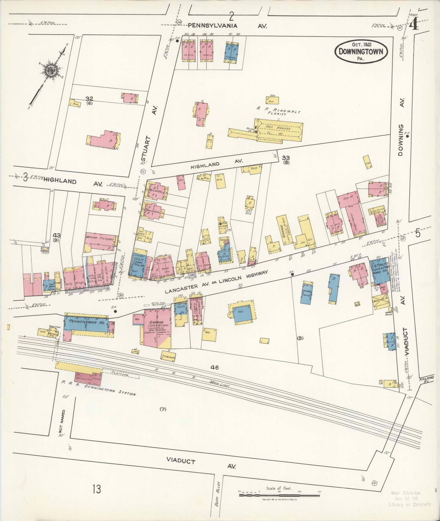 Sanborn Fire Insurance Map from Downingtown, Chester County, Pennsylvania (1921), Sheet #0004 - Historic Sanborn Fire Insurance Map Print, vintage old map wall art, antique decor, genealogy gift, Pennsylvania Pennsylvania map