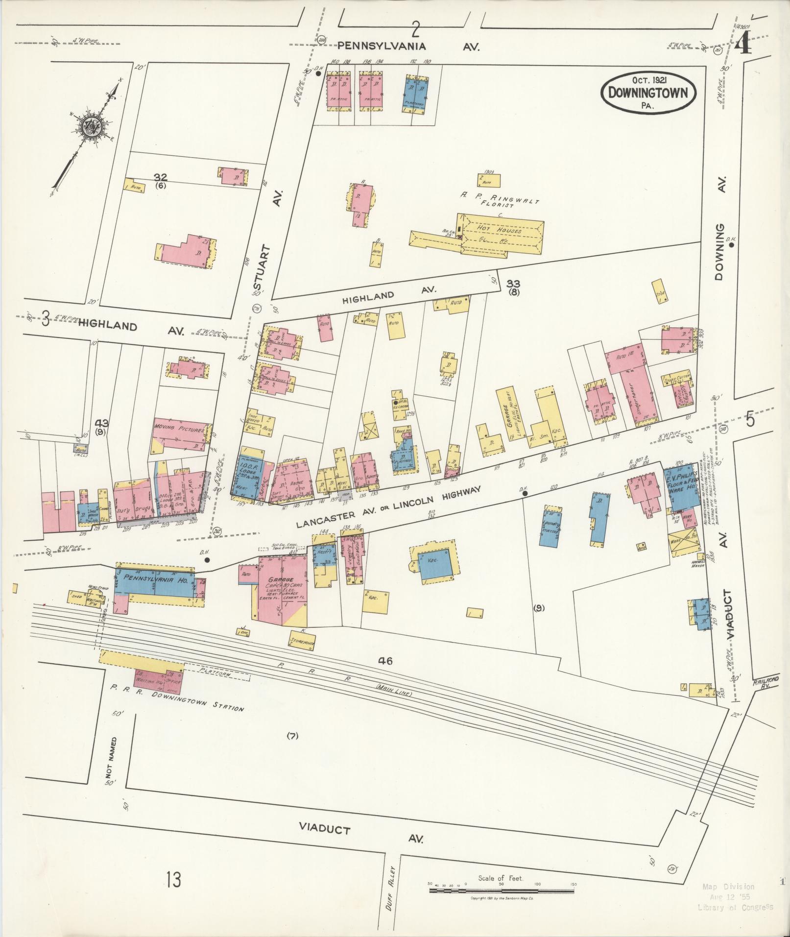 Sanborn Fire Insurance Map from Downingtown, Chester County, Pennsylvania (1921), Sheet #0004 - Historic Sanborn Fire Insurance Map Print, vintage old map wall art, antique decor, genealogy gift, Pennsylvania Pennsylvania map