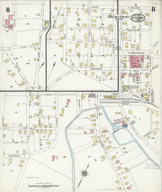 Sanborn Fire Insurance Map from Athens, McMinn County, Tennessee (1925), Sheet #0008 - Historic Sanborn Fire Insurance Map Print, vintage old map wall art, antique decor, genealogy gift, Tennessee Tennessee map